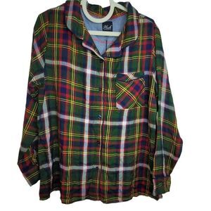 Plush Apparel Long Sleeve Button Up Sleep Shirt Green Multi Plaid Size M, NEW